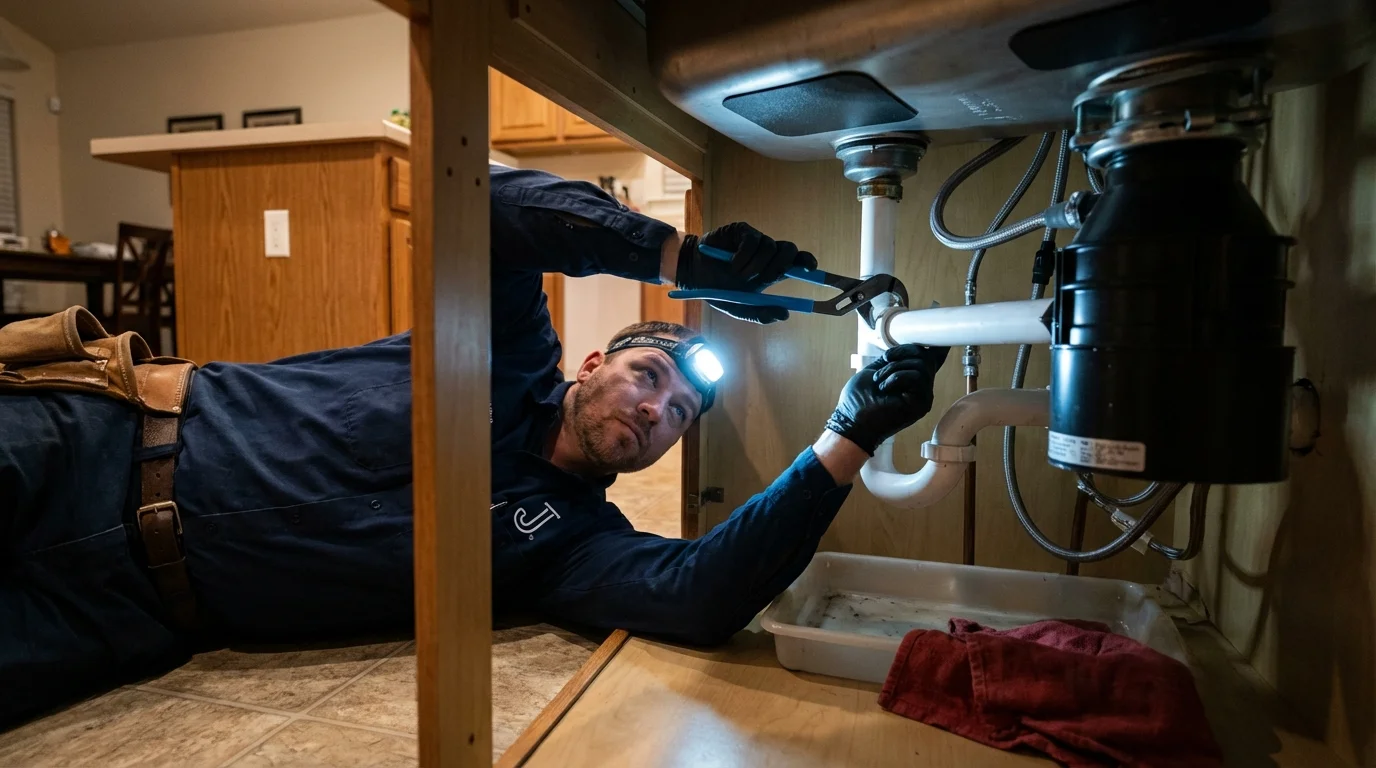 P-trap and supply line connections under a kitchen sink showing a common leak point in Williamsport, PA
